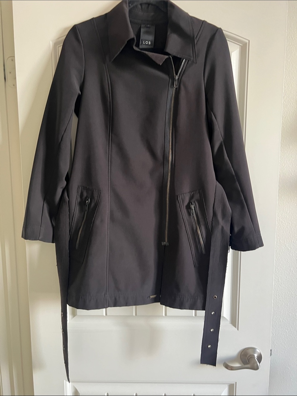 LOB Black Asymmetrical Zip Trench Coat with Belt